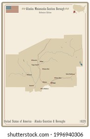 Map on an old playing card of Matanuska-Susitna borough in Alaska, USA.