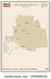 Map on an old playing card of Valdez-Cordova Census Area in Alaska, USA.