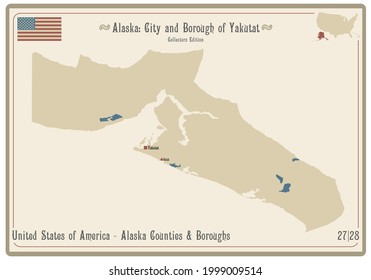 Map on an old playing card of City and Borough of Yakutat in Alaska, USA.