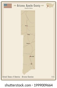 Map On An Old Playing Card Of Apache County In Arizona, USA.