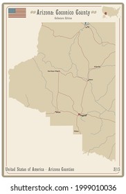 Map on an old playing card of Coconico county in Arizona, USA.