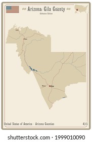 Map on an old playing card of Gila county in Arizona, USA.