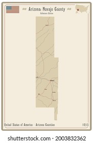 Map On An Old Playing Card Of Navajo County In Arizona, USA.