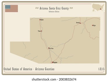 Map on an old playing card of Santa Cruz county in Arizona, USA.