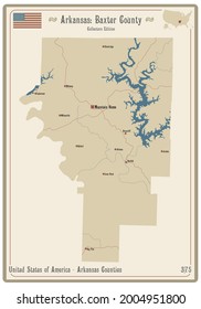 Map on an old playing card of Baxter county in Arkansas, USA.