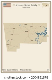 Map on an old playing card of Benton county in Arkansas, USA.