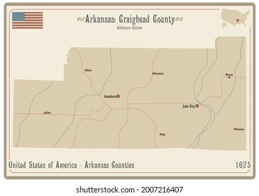 Map on an old playing card of Craighead county in Arkansas, USA.