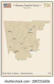 Map on an old playing card of Crawford county in Arkansas, USA.