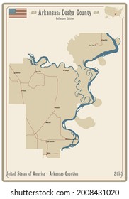 Map on an old playing card of Desha county in Arkansas, USA.