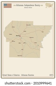 Map on an old playing card of Independence county in Arkansas, USA.