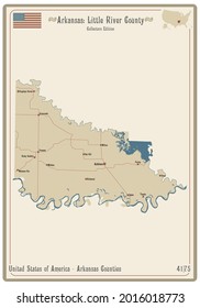 Map on an old playing card of Little River county in Arkansas, USA.