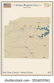 Map on an old playing card of Montgomery county in Arkansas, USA.