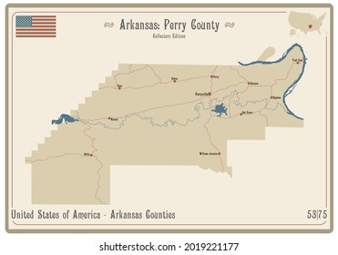 Map on an old playing card of Perry county in Arkansas, USA.