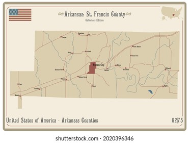 Map on an old playing card of St. Francis county in Arkansas, USA. svg