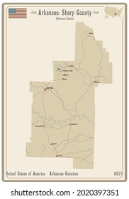Map on an old playing card of Sharp county in Arkansas, USA.