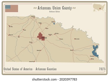 Map on an old playing card of Union county in Arkansas, USA.