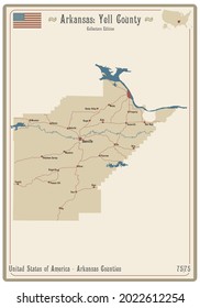 Karte auf einer alten Spielkarte von Yell County in Arkansas, USA.