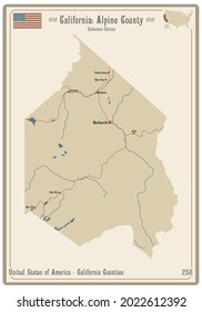 Map on an old playing card of Alpine county in California, USA.