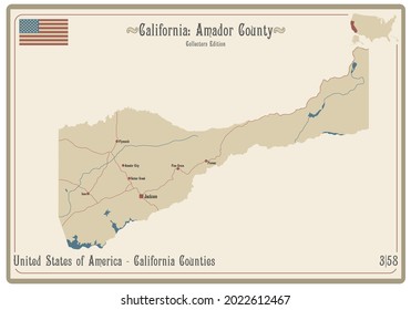 Map on an old playing card of Amador county in California, USA.