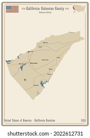 Map on an old playing card of Calaveras county in California, USA.