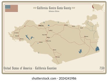 Map On An Old Playing Card Of Contra Costa County In California, USA.