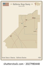Map on an old playing card of Kings county in California, USA.