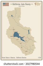 Map on an old playing card of Lake county in California, USA.