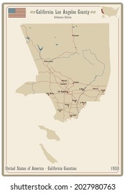 Map On An Old Playing Card Of Los Angeles County In California, USA.