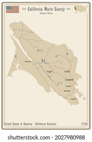 Map on an old playing card of Marin county in California, USA.