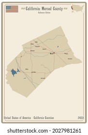 Map on an old playing card of Merced county in California, USA.