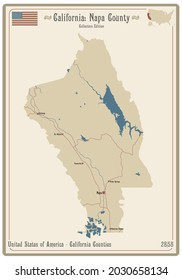 Map on an old playing card of Napa county in California, USA.