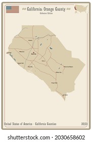 Map on an old playing card of Orange county in California, USA.