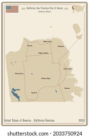 Map on an old playing card of San Francisco city and county in California, USA.