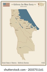 Map on an old playing card of San Mateo county in California, USA.