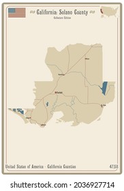 Map on an old playing card of Solano county in California, USA.