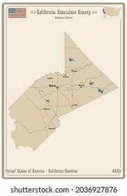 Map on an old playing card of Stanislaus county in California, USA.