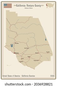 Map on an old playing card of Ventura county in California, USA.