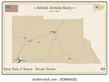 Map on an old playing card of Archuleta county in Colorado, USA.