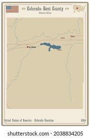 Map on an old playing card of Bent county in Colorado, USA.