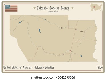 Map on an old playing card of Conejos county in Colorado, USA.