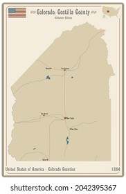 Map on an old playing card of Costilla county in Colorado, USA.