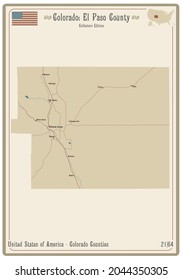 Map on an old playing card of El Paso county in Colorado, USA.