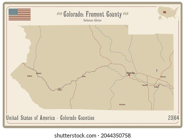 Map on an old playing card of Fremont county in Colorado, USA.