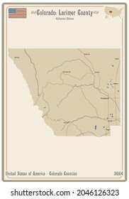 Map On An Old Playing Card Of Larimer County In Colorado, USA.