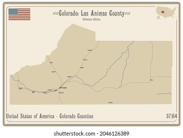 Map on an old playing card of Las Animas county in Colorado, USA.