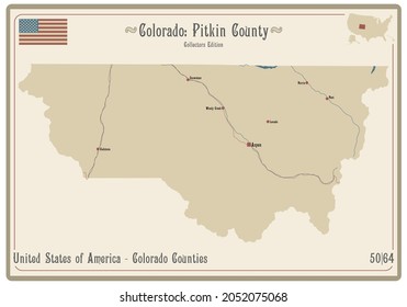 Map On An Old Playing Card Of Pitkin County In Colorado, USA.