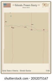 Map on an old playing card of Prowers county in Colorado, USA.