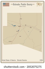 Map on an old playing card of Pueblo county in Colorado, USA.