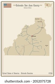 Map on an old playing card of San Juan county in Colorado, USA.