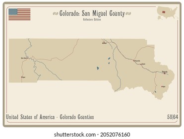 Map on an old playing card of San Miguel county in Colorado, USA.